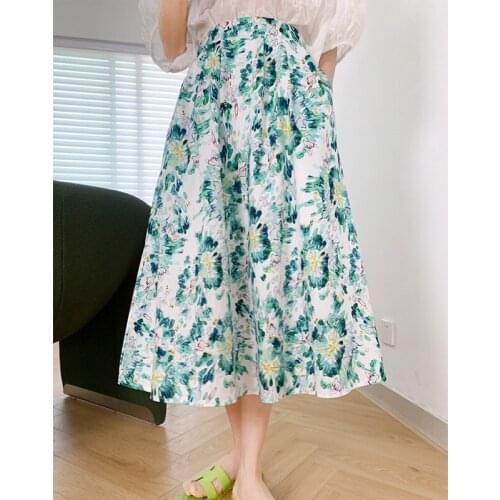 2021 Summer Floral Print Skirt Women Oil Painting High Waist Mid-Calf A-line Skirt 1132-1