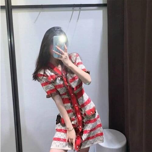 2021Goddess of Small Sweet Wind Fan Knitting Dress Summer New Web Celebrity Accept Waist Show Thin Stripes In The V-neck Dress