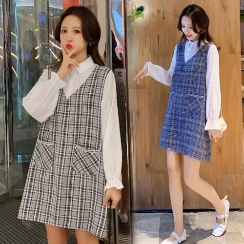 6201# Maternity Dress Spring Autumn Long Sleeves Patchwork Turn Down Collar Plaid Dress for Pregnant Women Mom Dress
