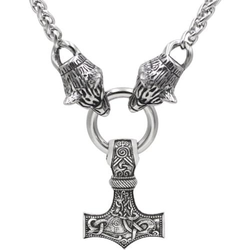 Viking Hammer Pendant Necklace Accessories Long Sweater Chain Jewelry Rune Amulet Necklace Stainless Steel Chain Male Jewelry