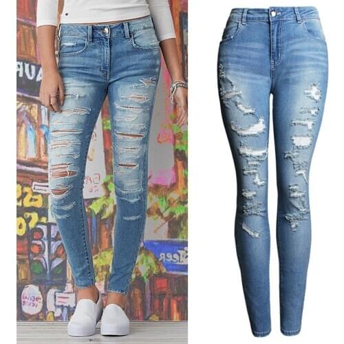 Sexy Strech Ripped Jeans Women Clothes Denim Pants Capri Slim Destroyed Trousers Broken Hole Distressed Street Plus Size 2XL 3XL