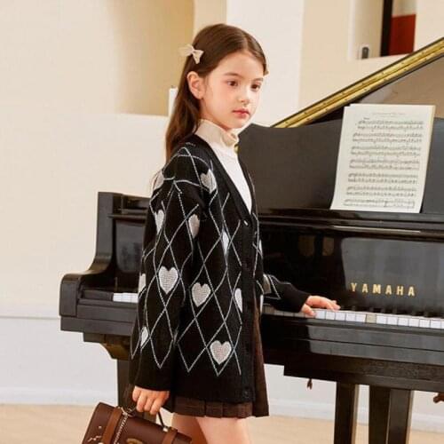 Vintage Style Cardigan Sweater For Girls Plaid Print Knitted Outerwear Children Outdoor Casual Knitwear Warm Knitting Tops 3-14Y
