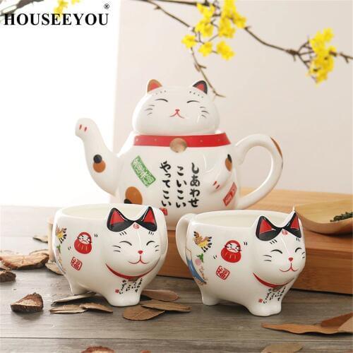 3Pcs/lot Plutus Cat Ceramic 1 Teapot 2 Mugs Cute Lucky Cat Cartoon Cups Teapots Coffee Milk Mug Sets Breakfast Afternoon Tea Pot