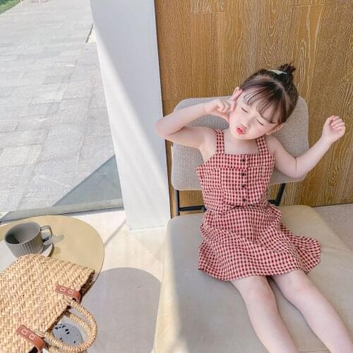 2 3 4 5 6 7 Y Toddler Girls Clothing Sets Summer New Kids Girls Fashion Sling Suits Plaid Sling Tops Skirts 2pcs Sets for Girls