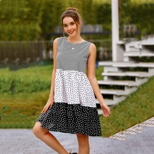 Summer Dress Womens Polka Dot Check Patchwork Sundress Sleeveless Dresses For Women Vestidos Femme Robes Womens Clothing 2021