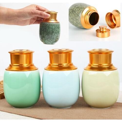 Small Tea Ceramic Jar Double Sealed Celadon Portable Travel Storage Box Tea Coffee Spice Container