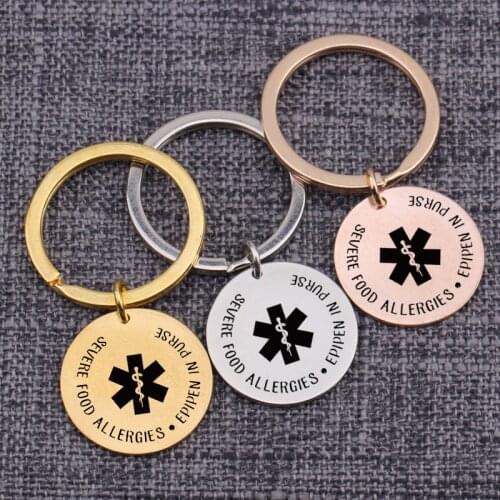 Medical Warning Emergency Keychain Severe Food Allergies Epipen In Purse Engraved Key Chain Ring Bag Charm Key Tag Jewelry