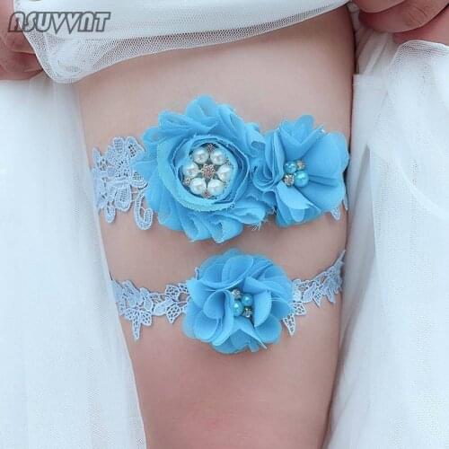 Trendy Bridal Garter Blue Flowers Lace Sexy Garter Elastic Pearl Rhinestone Thigh Ring Wedding Garter Accessories For Women Girl