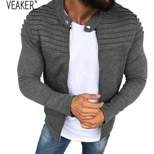 2019 New Mens High Street Pleated Jacket Coat Male Autumn Sweatshirt Coat Solid Color Black Slim Fit Jackets Outerwear M-3XL