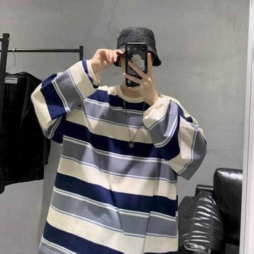 Plus velvet thick striped t-shirt mens trend long-sleeved O-neck top spring autumn Korean Hong Kong style Streetwear sweatshirt