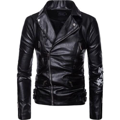 New Boutique Leather Jacket Men Zippers Printed Punk Leather Jacket Fashion Motorcycle Biker Leather Jacket Male Coats M-5XL