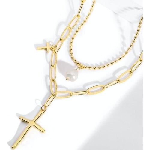 Design sense pearl elegant trend simple double-layer layered cross pendant necklace with special tail chain for women jewelry