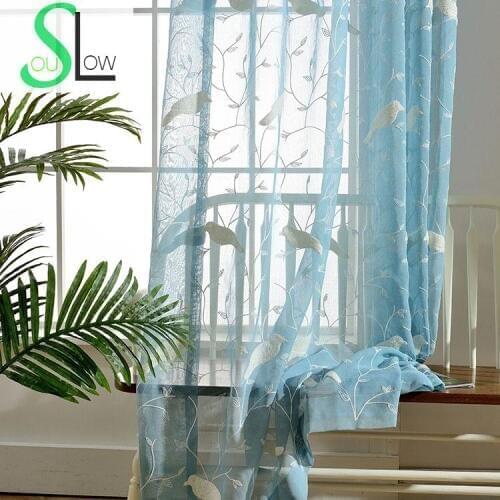 Slow Soul Powder Blue Towels Birds Pastoral Curtain Embroidered Animal Curtains Tulle For Living Room Kitchen 3d Sheer Bedroom
