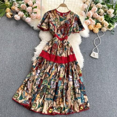 WTIANYUW 2021 New Runway Lace Patchwork Print Summer Dress Women O-neck Short Butterfly Sleeve Ethnic Print Mid Dress Robe Femme