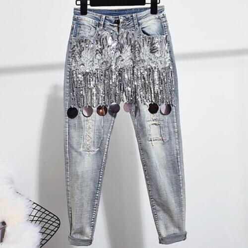 Plus size 26-30 Stretch Skinny Jeans WomenDenim Ripped Skinny Beading Vintage Casual Jeans With Luxury Sequined