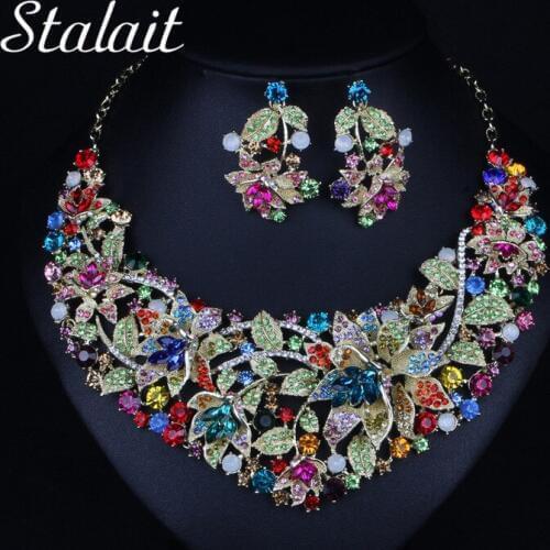 Luxury Colorful Rhinestone Flower Necklace Earrings Jewelry Sets Women Big Statement Bridal Wedding Jewelry Sets