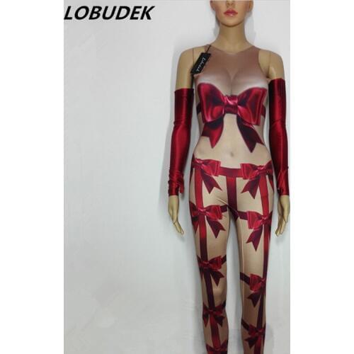Sexy leotard jumpsuit Female singer Bar DJ stage wears Print Elastic Rompers Nightclub Group Pole dancing performance Costumes