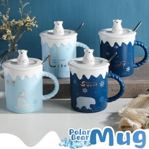 Harajuku Style Cute Polar Bear Ceramic Mug With Lid Spoon Coffee Cups Creative Drinkware Coffee Tea Milk Cup Gifts