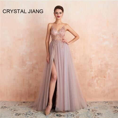 Sexy Beaded Evening Dresses A-Line V-Neck Side Split Elegant Dusty Pink Formal Party Dresses Evening Long Gowns for Party