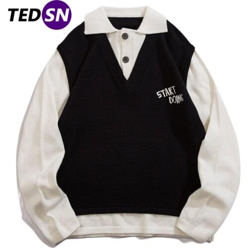 Hip Hop Streetwear Knitted Sweater Men 2021 Fake Two Embroidery Harajuku Sweater Oversize Loose Pullover Men Women Loose Black