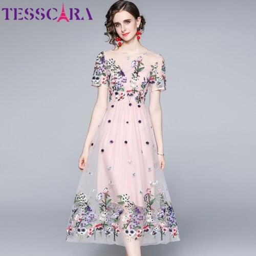 TESSCARA Women Summer Luxury Embroidery Mesh Dress Festa High Quality Pink Wedding Party Robe Femme Vintage Designer Vestidos