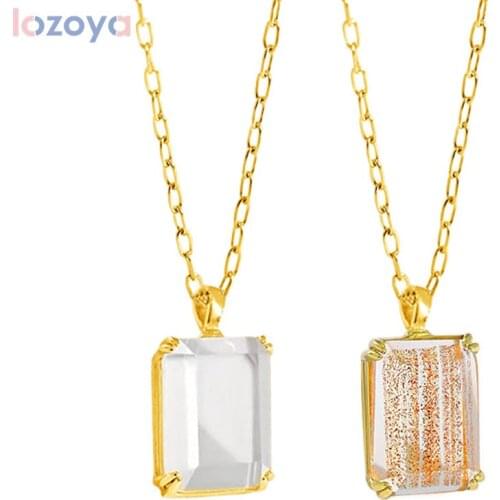 LOZOYA 925 Sterling Silver Gold Long Chain Big Square Zircon CZ Pendant Luxury Fashion Women Fashion Luxury Jewelry Gift