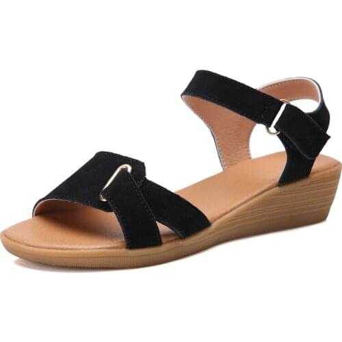 Cow Suede Leather Womens Sandals Wedges Sandals for Women Summer Shoes Woman Casual Shoes Black Brown