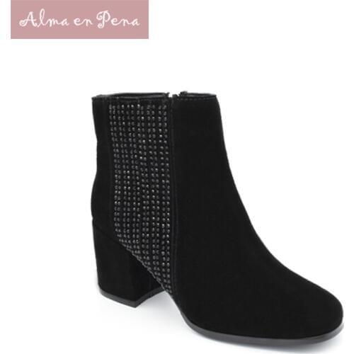 New Chelsea Ankle Boots Womens Winter Fashion Rivet Zipper Shoes 5CM Block High Heel Cow Suede Elegant Solid Botines Mujer