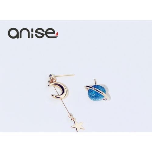 Magic Crystal Stud Earrings Blue Cosmic Elements Star Moon Models Both Sides Asymmetric Tassel Earrings Women Fashion Jewelry