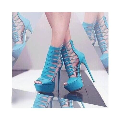 Plus Size Blue Suede Peep Toe Women Shoes High Heels Cut-out Cross Tie-up Hollow Cage Shoes Women Stiletto Heels Plafform Shoes