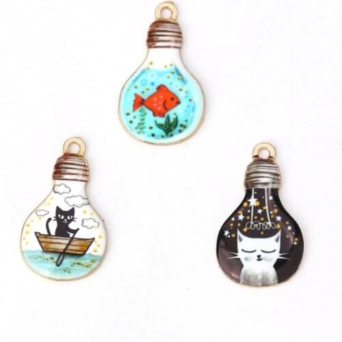 Fashion Zinc Based Alloy Charms Bulb Gold Metal Black Cat And Fish Enamel Pendants For DIY Jewelry Making 28mmx 17mm, 10 PCs