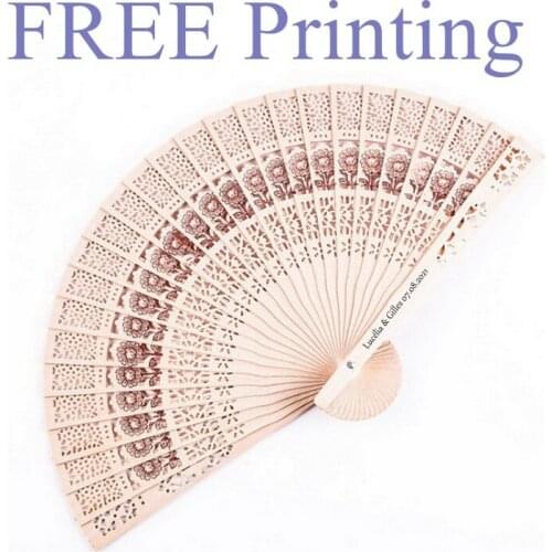 100PCS FREE Custom Printing Name&Date Natural Wood Wedding Hand Fan with Sunflower Pattern in Organza Bag