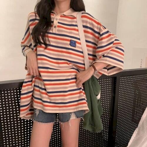 2021 Spring Summer Short Sleeve T-shirt Korean Loose Harajuku Vintage Gothic Punk Clothes Graphic Tee Top For Women Striped Goth