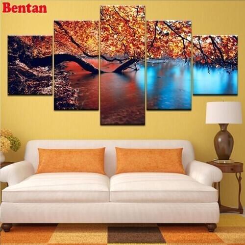 5D Full round diamond embroidery 5 panel painting tree Autumn scenery diamond painting square mosaic picture rhinestones decor