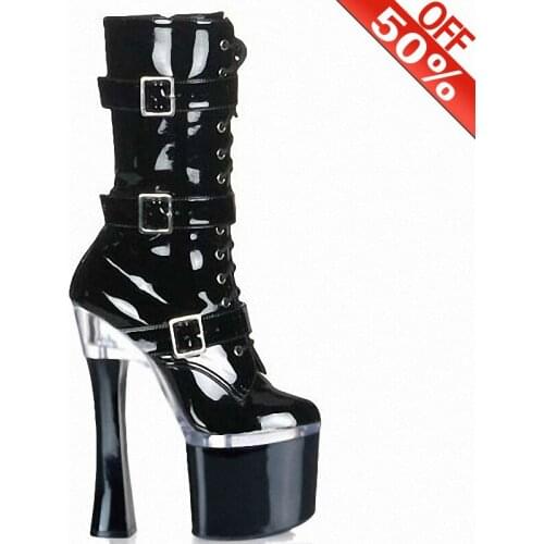 7 Inch Belt buckle Platform boots High heels Pole dance shoes Stripper heels Sxey Short Boots Show Models Mature Patent leather