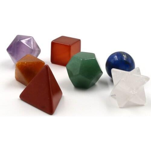 7pcs Healing Crystal Platonic Solids Sacred Geometry Set with Merkaba Star Carved Chakra Stone for Meditation Therapy Healing