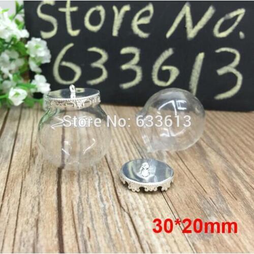 Free ship!! 50sets/lot 30*20mm glass globes with silver crown findings with ring set glass bubble DIY vial pendant glass orbs