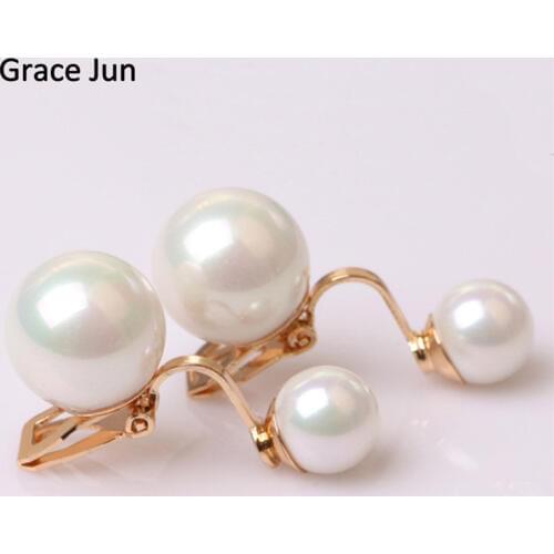 Grace Jun 2 Colors New Double Simulated Pearl Clip on Earring Without Piercing for Women Wedding Luxury Bridal Earring 8mm&12mm
