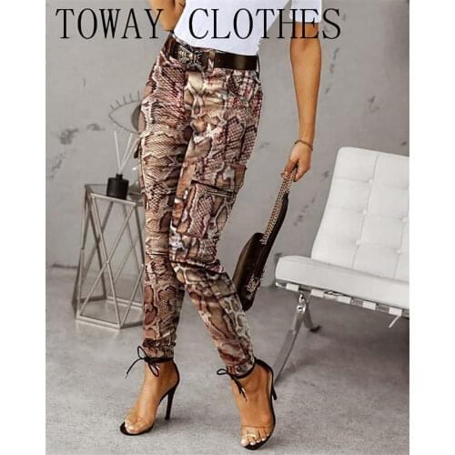 Snakeskin Print Zip Pocket Design Pants Button Zipper Chic Long Pants Casual Pants for Women 2021