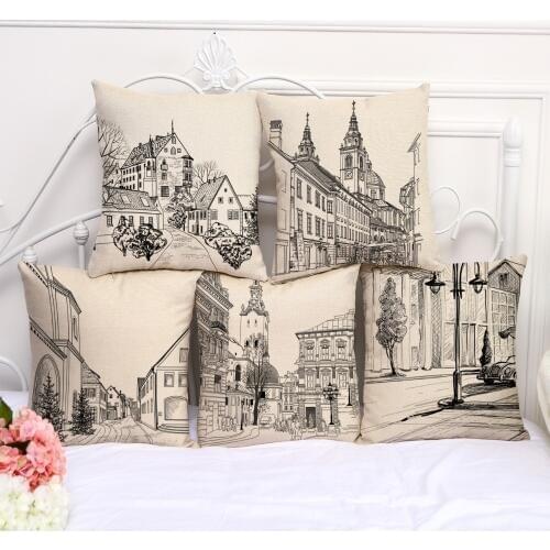 Decorative Pillow Case Building Street Sketch Pillowcase 17.5 Inches Cotton Linen Chair Seat Throw Pillow Cover C1048