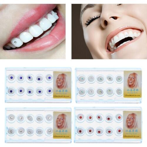 JAVRICK 10pcs/Box 2mm Dental Colorful Crystal Tooth Fashion Jewelry Gem Decor with Box Teeth Decorations