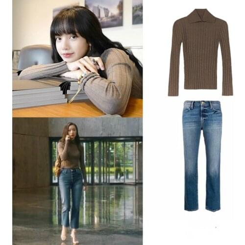 Kpop Korean Celebrity Streetwear Sexy Slim Knit Long Sleeved Pullover Sweater + Blue High Waist Denim pants Two Piece Set Women