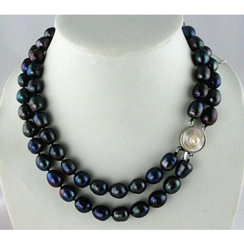 Beautiful NEW 2 STRANDS 11-13MM TAHITIAN BLACK BAROQUE PEARL NECKLACE 17 inch