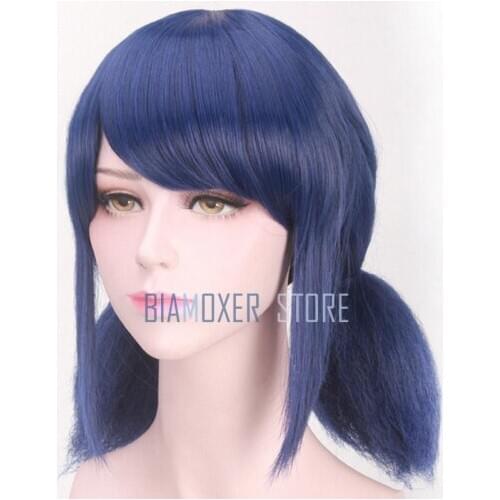 LB Wigs Peluca Marinette Girls Women Cosplay Double Ponytail Braids Short Straight Wig Blue Hair