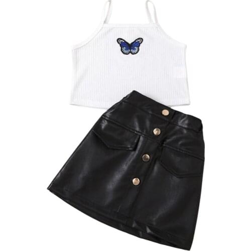 Infant Kids Baby Girl’s Summer Two Piece Set Fashion Butterfly Print Cropped Camisole and Leather A-line Short Skirt