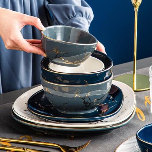 Nordic light luxury style tableware Phnom Penh marbled dishes household bowls single creative ceramic dishes irregular shape