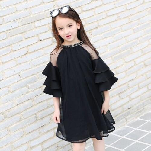 Teen Girls Princess Dress Sequins Flare Sleeve Mesh Black Dress Birthday Kid Dress 8 10 12 13 14 years