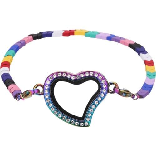Rainbow Color Fashion Heart Handmade Bracelet Glass With Crystal Floating Charms Locket Bracelet