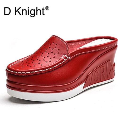 SummerThick Bottom White Ladies High Heels Slides Genuine Leather Women Wedges Slippers Cut-Outs Wedge Heel Sandals Shoes Woman