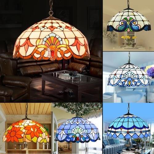 Tiffany Blue Ceiling Glass Lamps Mediterranean style E27 110-240V Chain Pendant Lights Luminarias
